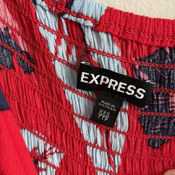 Express Women XXS Red Leaf Print Tropical Hawaiian Ruffle High Low Midi Sundress - Picture 7 of 10